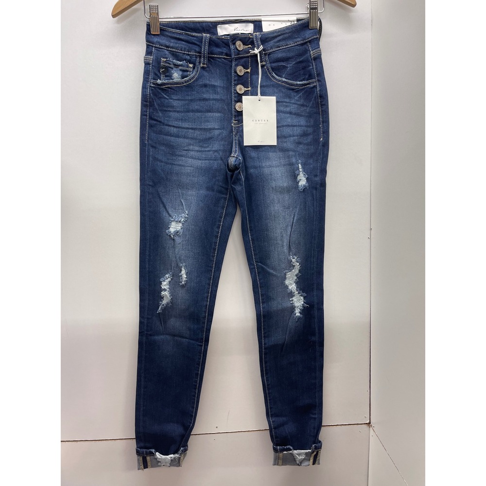 KanCan High Rise Super Skinny Distressed Button Fly Jeans Dark Wash Sz 0/23 NWT